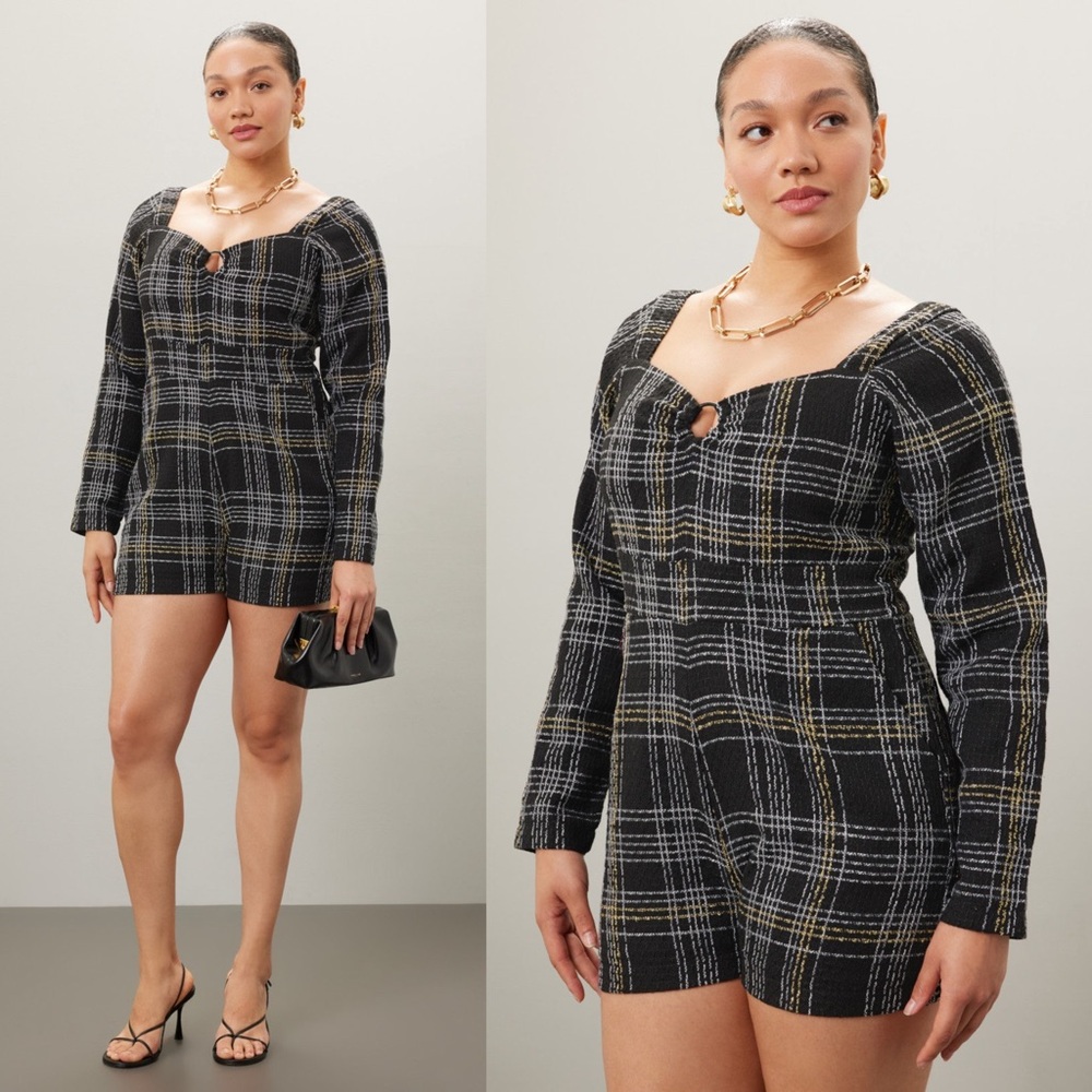 SLATE & WILLOW Tweed Plaid Check Long Sleeve Sweetheart Neck High Rise Romper XL